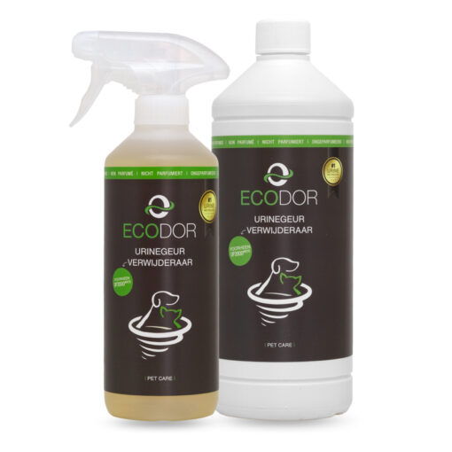 Ecodor UF2000 4Pets – 500ml triggersprayflacon en 1L navulfles voor effectieve urinegeurverwijdering bij huisdieren.