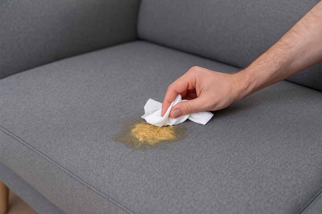 Kéz, amely egy fehér kendővel hányásfoltot itat fel egy szürke szövetkanapén.