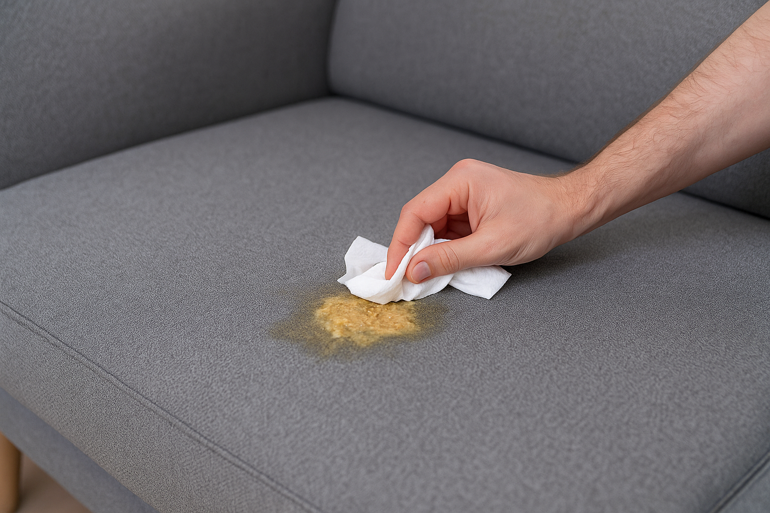 Kéz, amely egy fehér kendővel hányásfoltot itat fel egy szürke szövetkanapén.