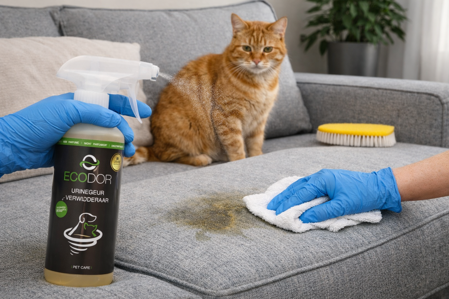 Macskavizelet szagának eltávolítása a kanapéból Ecodor vizeletszag-eltávolítóval, spray-vel és kendővel.